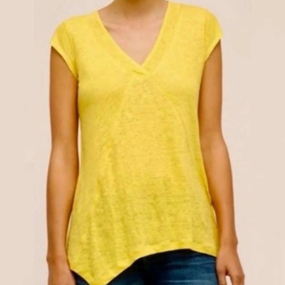 Anthropologie 100% Linen Meadow Rue Yellow V-Neck Tee Size XS Top Blouse Boho